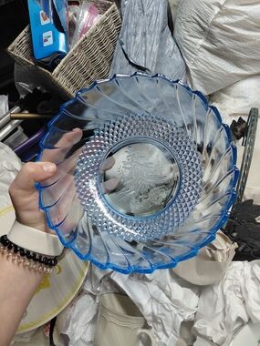 vintage KIG Indonesia blue pressed glass serving bowl featuring a diamond point